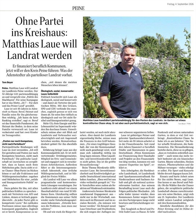 Zeitungsartikel über Matthias Laues Kandidatur zum Landrat